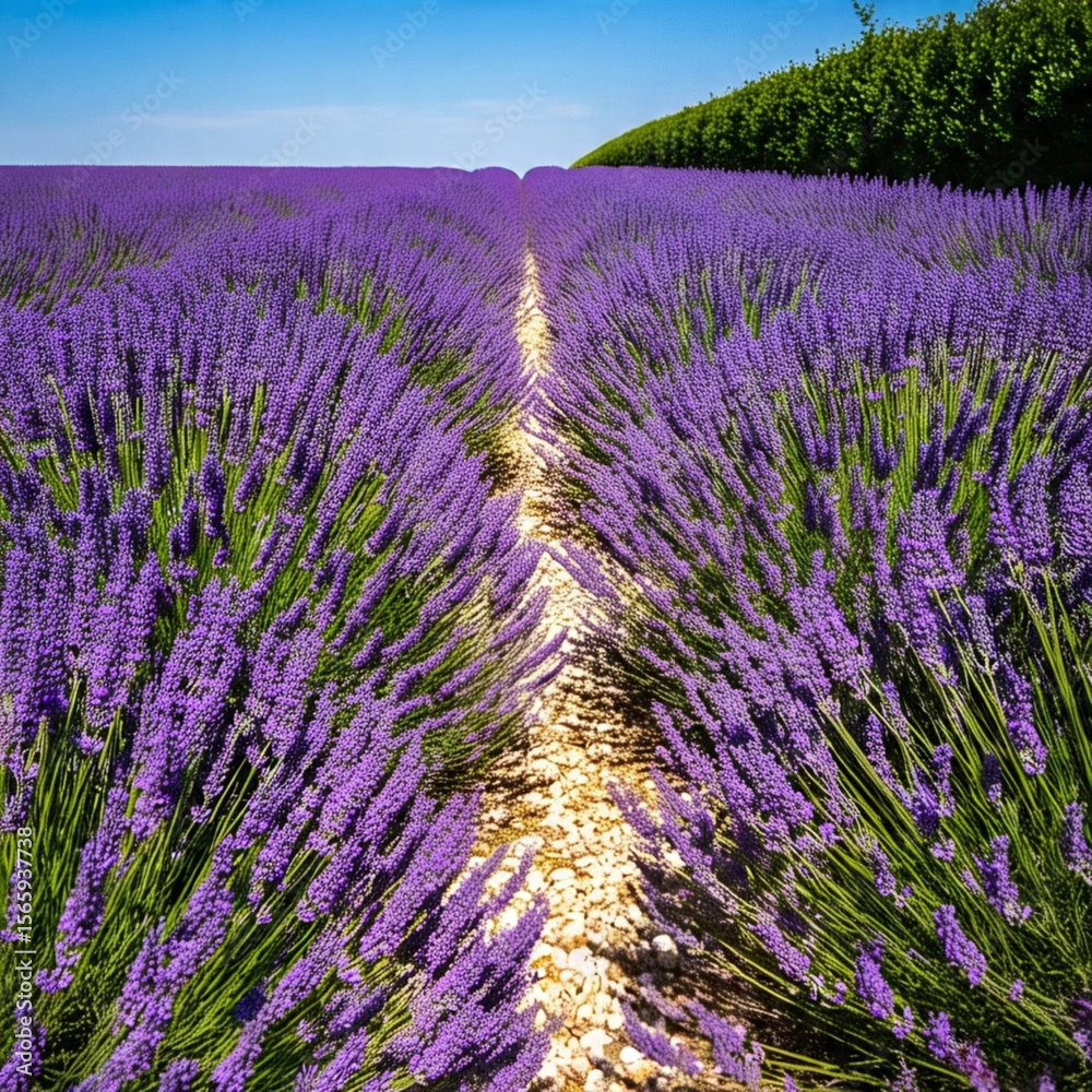 Obraz premium A vast lavender field in full bloom under a clear blue sky, with a narrow dirt path cutting through the purple flowers.