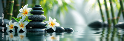 Serene Zen Garden Tranquil Spa Scene with Stacked Stones and Plumeria Flowers