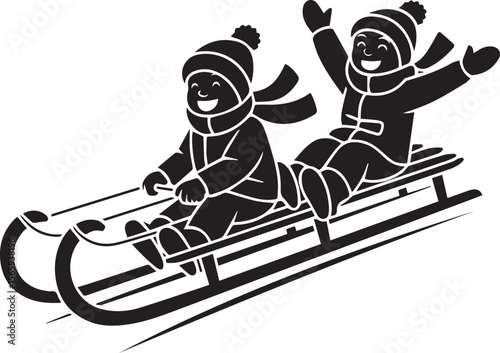 black sledding kids winter fun clip art preview