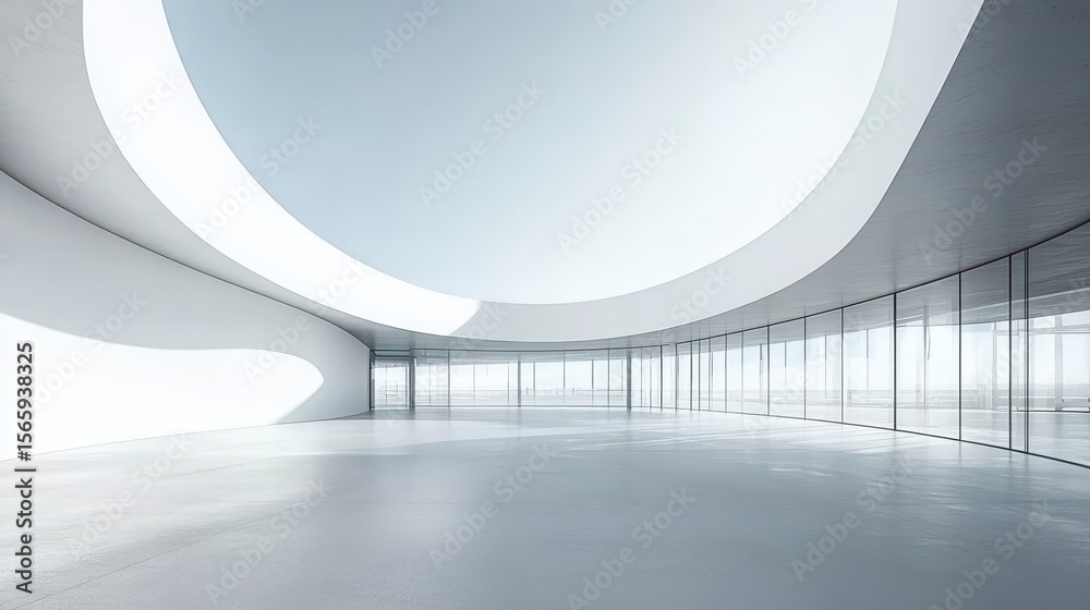 Obraz premium Modern minimalist interior with curved ceiling and large windows