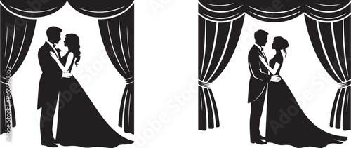 Collection set of Romantic Wedding Couple Silhouette on Stage with Curtains and Elegant Pose vector silhouette