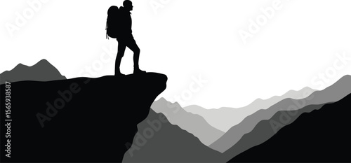Silhouette of a hiker overlooking the vast mountain range conveys a sense of freedom and adventure in nature.