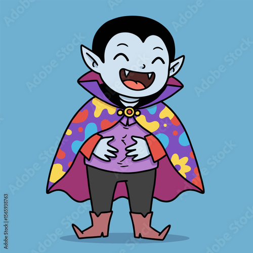 Black-and-white line art of a laughing vampire character with pointed ears, fangs, and hands on the belly, wearing a patterned cape, boots, and festive outfit—full of Halloween cheer.