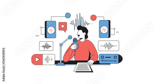 Man speaking into microphone with audio waveforms and speakers representing sound production and broadcasting
