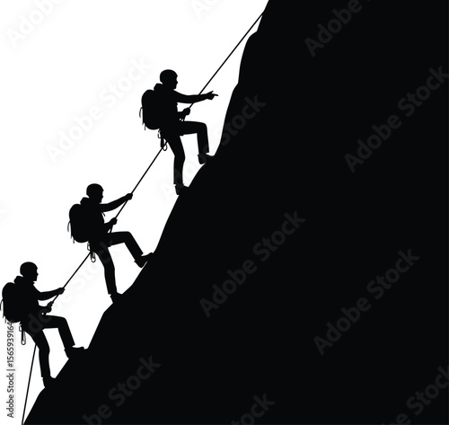 Silhouette climbers ascend a challenging mountain face, displaying teamwork and outdoor adventure in stark black and white.