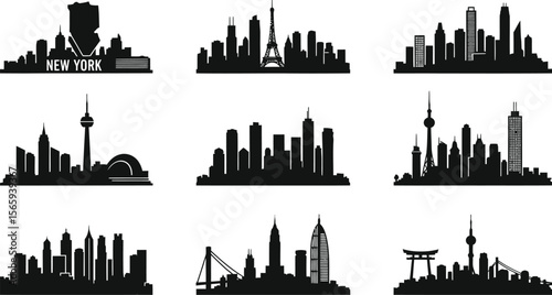 Explore urban skylines with a collection of famous city silhouettes, including New York, Paris, Dubai, Toronto and Tokyo.