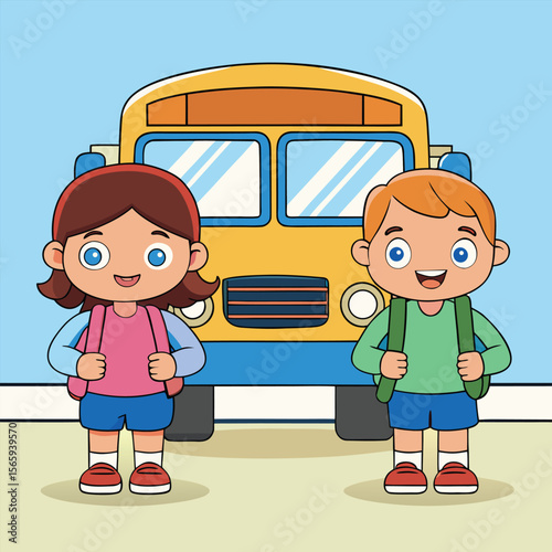 Back to school vector with students and school bus