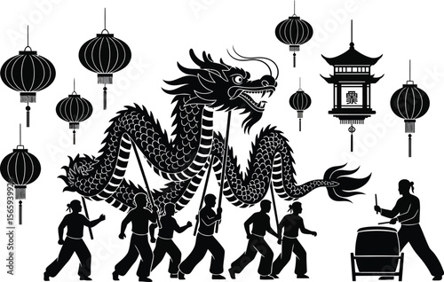 Chinese dragon dance illustration with performers, traditional lanterns, and a pagoda, symbolizing celebration and cultural heritage.