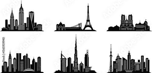 collage with landmarks of venice italy, black silhottes