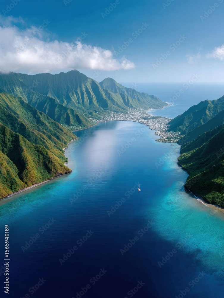 Obraz premium Premium Aerial View of Pago Pago Harbor for Samoa Independence Day and Pacific Island Culture Celebrations with Modern Summer Travel Marketing for Millennials
