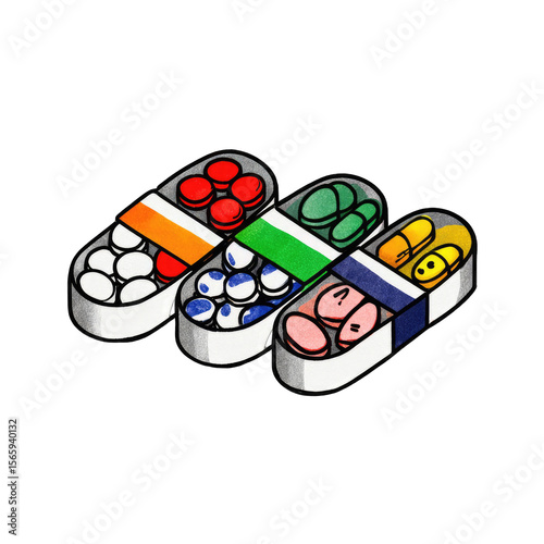 Colorful pill containers in a stylized 'W' shape