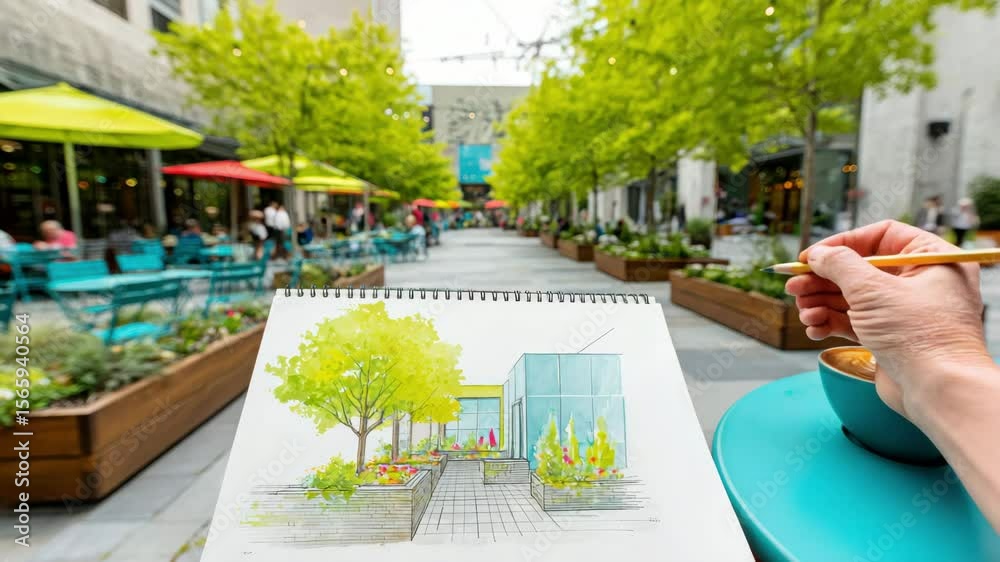 Modern urban city design showcasing walkable pathways, outdoor cafes, lush greenery, and vibrant outdoor spaces for sustainable