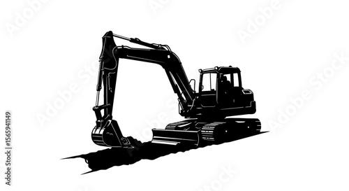 A black excavator with a long arm and tracks casts a dark shadow on a white background.