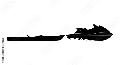 Silhouette of a boat and a jet ski, side by side, against a white background.