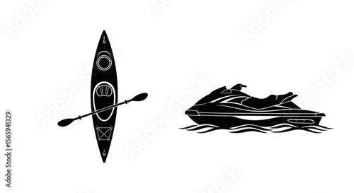 Black and white illustration of a kayak with a paddle and a jet ski on water.