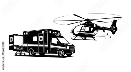 An ambulance vehicle and a helicopter air ambulance are depicted in a black and white illustration.