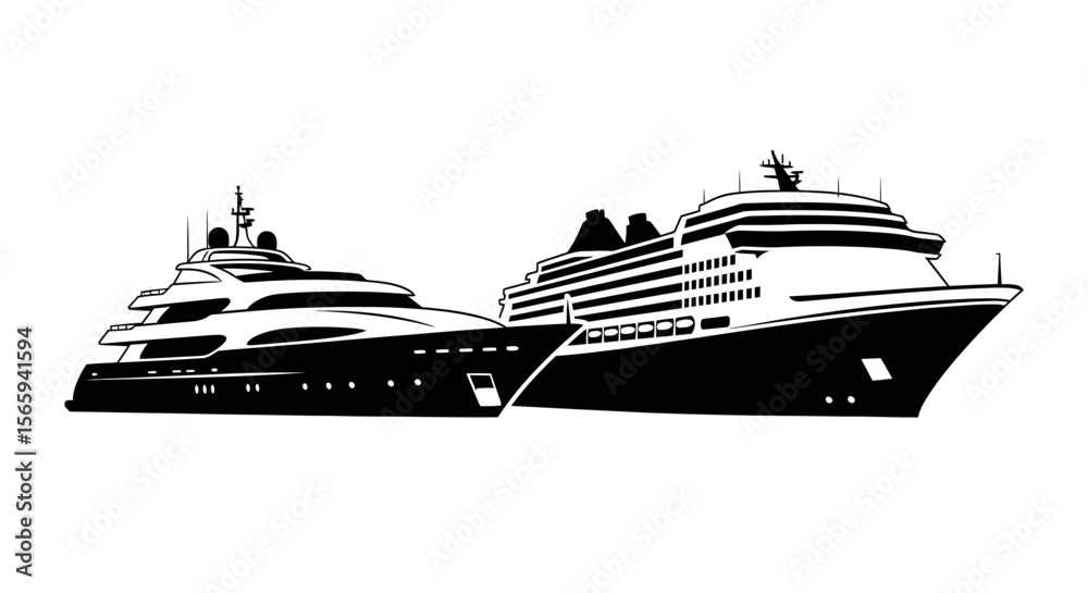 Obraz premium Silhouette of a luxury yacht and a cruise ship side-by-side.