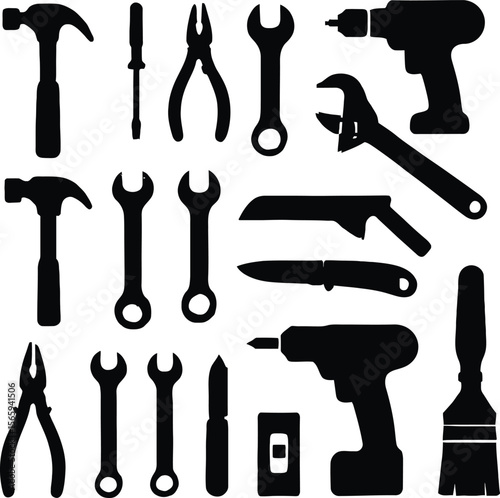 Various black silhouette tools and equipment