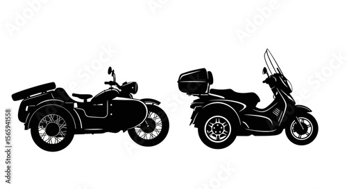 Silhouette illustrations of a classic sidecar motorcycle and a modern three-wheeled scooter.