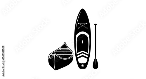 A canoe, a paddleboard, and a paddle are displayed in a simple black and white graphic.