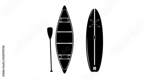 Silhouette of a canoe and a stand-up paddleboard, showing their respective components.