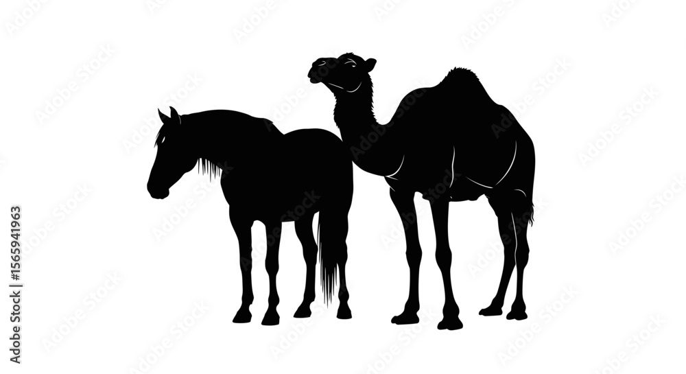 Fototapeta premium Silhouette depiction of a horse and camel standing side-by-side, facing forward.