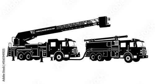 Two fire trucks are connected by a hose, one with an extended ladder, in a black and white illustration.