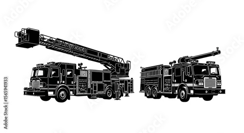 Two black and white illustrations of fire trucks, one equipped with an extended ladder.