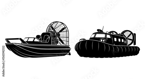 Silhouette illustrations of a hovercraft and airboat, showcasing watercraft designs.
