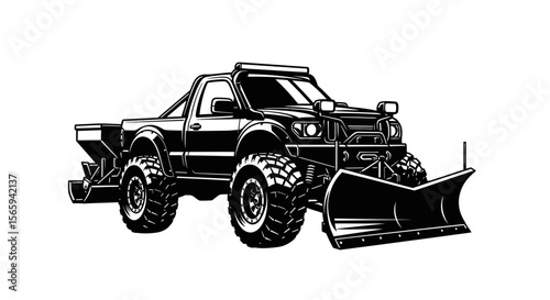 A black and white illustration of a pickup truck equipped with a snow plow, ready for winter weather.