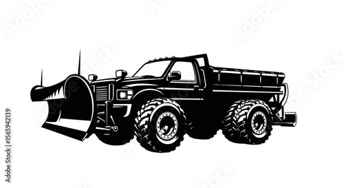 A powerful snow plow truck, equipped for heavy-duty winter clearing, is depicted in a monochrome illustration.