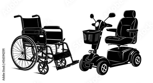 A manual wheelchair and a motorized mobility scooter, side-by-side silhouettes.