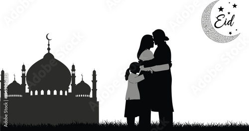 A Muslim family celebrates Eid al-Adha near a Mosque, embracing with love against a white background in a black and white graphic