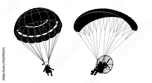 Silhouette of two paragliders in flight, one traditional and one powered.