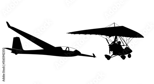 Silhouette depiction of a glider and a powered hang glider, side-by-side.