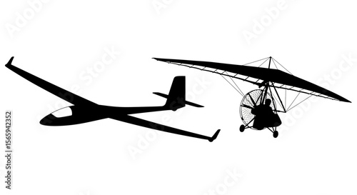Silhouette illustration of a glider plane and a powered hang glider, both depicted in black against a white background.