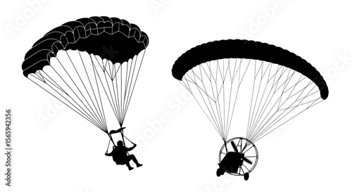 Silhouette illustration of two paragliders, one traditional and one powered, in flight.