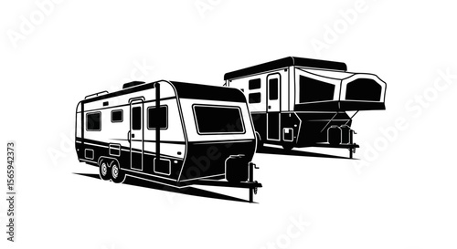 Two travel trailers, one with an extended awning, shown in a black and white illustration.