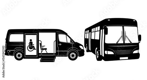 Black and white illustration of a bus and a van equipped for wheelchair accessibility, showcasing inclusive transportation.