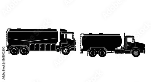 Two black silhouette illustrations of tanker trucks, differing in size and design, presented side-by-side.