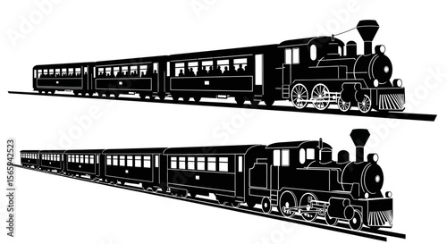 Two vintage steam train silhouettes, side-by-side, on a white background.