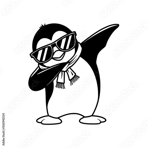 Stylish cartoon penguin dabbing with scarf and sunglasses, Black and white illustration of a cool penguin wearing sunglasses and a scarf while performing a dab dance pose.

