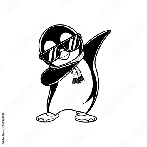 Stylish cartoon penguin dabbing with scarf and sunglasses, Black and white illustration of a cool penguin wearing sunglasses and a scarf while performing a dab dance pose.

