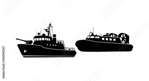 Silhouette illustration of a naval patrol boat and a hovercraft.