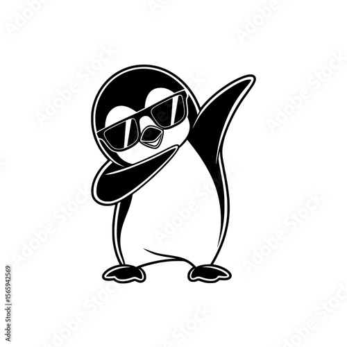Cool cartoon penguin dabbing with sunglasses, Fun black and white cartoon of a penguin wearing sunglasses and striking a dab pose, perfect for playful designs.

