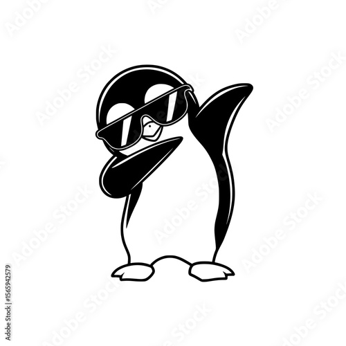 Cool cartoon penguin dabbing with sunglasses, Fun black and white cartoon of a penguin wearing sunglasses and striking a dab pose, perfect for playful designs.

