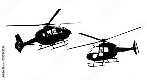 Two black silhouettes of helicopters, one in flight, the other stationary.