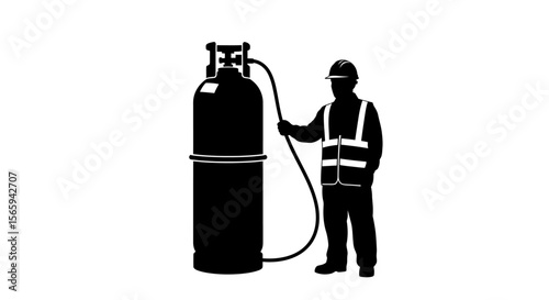 Silhouette of a worker in safety gear handling a large gas cylinder with a hose, isolated on white.