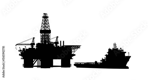 Silhouette of an offshore oil rig and support vessel against a white background.