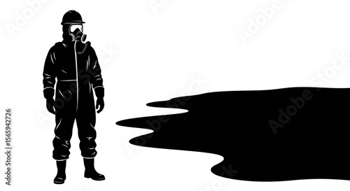 Person in protective suit and gas mask stands near a dark, spilled liquid or substance.